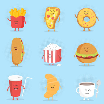 Set of cute cartoon fast food characters . French fries , pizza , donut , hot dog , popcorn , hamburger , cola , croissant and coffee mug .