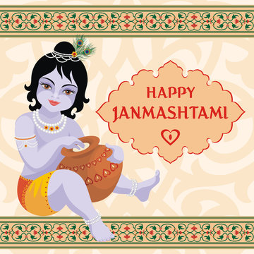 Happy Janmashtami. Beautiful greeting card with little Krishna's image.