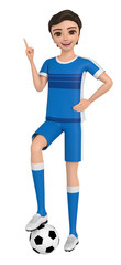3D illustration character - A boy in a uniform has a soccer ball.