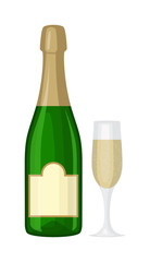 Champagne bottle and champagne glass vector illustration. Alcohol celebration wine isolated champagne bottle. Holiday gold glass new year party beverage champagne romantic drink bottle.