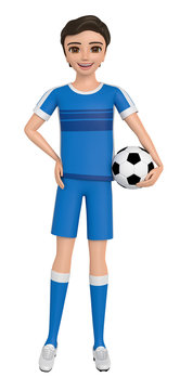 3D illustration character - A boy in a uniform has a soccer ball.