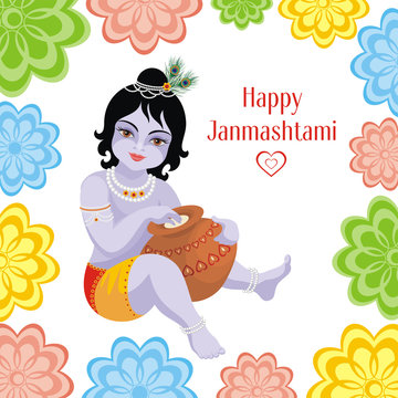 Happy Janmashtami. Beautiful greeting card with little Krishna's image.