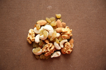 Mix of dry nuts and fruits close-up