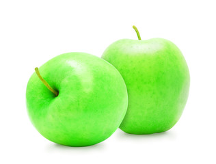 Two fresh green ripe apples whith stem on white background. Design element for product label, catalog print, web use.