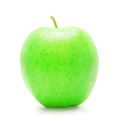 Fresh green ripe apple whith stem on white background. Design element for product label, catalog print, web use.