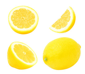 Set of juicy yellow whole lemon and slices of lemon isolated on a white background. Design element for product label, catalog print, web use.