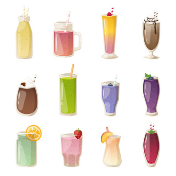 Set of realistic glasses with juice smoothies drinks. Healthy fresh smoothies drinks glasses. Summer fresh red cocktail smoothies drinks glasses berry green breakfast refreshment vector food.