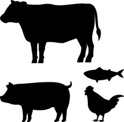 牛、豚、鶏、魚のシルエット