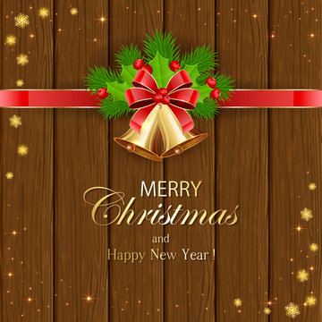 Wooden background with Christmas bells and bow