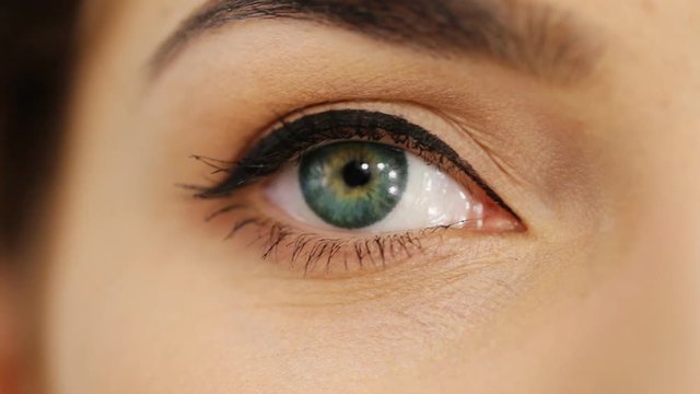 Closeup shot of female green pistachio color eye with day makeup