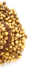 Chickpeas, in wooden basket, beans isolated on a white backgroun