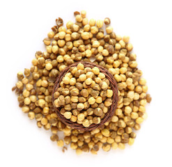 Chickpeas, in wooden basket, beans isolated on a white backgroun