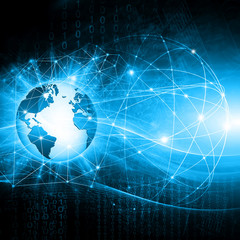 Best Internet Concept of global business. Globe, glowing lines on technological background. Electronics, Wi-Fi, rays, symbols Internet, television, mobile and satellite communications