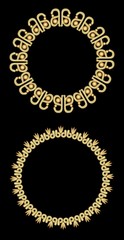 Filigree golden decorative frames, circle frames on black background. Design elements for label, menu
