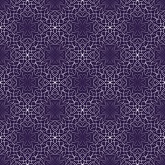 Dark purple abstract vintage background with rhomboid lace patterns. Seamless white vector ornament in diagonal stripes