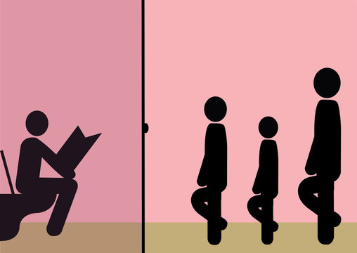 Illustration Ver&auml;rgerung &uuml;ber Warteschlange vor Klo