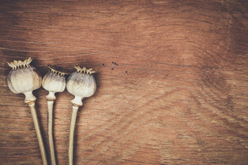 poppyheads full of poppyseeds on the wooden table