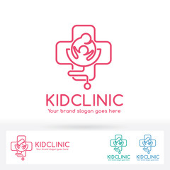 Kid Clinic Logo, Parent and Child in Cross Symbol with Stethoscope