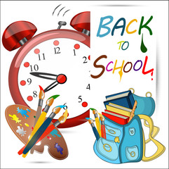 Back to school sign banner, red alarm big clock, Schoolbag with brushes,color palette, Study icon,