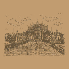 The Marble Temple (Wat Benchamabopit Dusitvanaram) in Bangkok, Thailand. Buddhist temple. Sketch by hand. Vector illustration