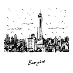 View of Baiyok Tower II building in Bangkok, Thailand. Sketch by hand. Vector illustration