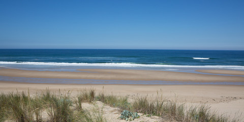 Fototapeta na wymiar Panoramic view of coastline and beach with blue sky,