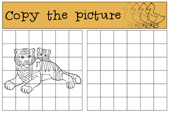 Children games: Copy the picture. Mother tiger lays with her little cute baby tiger.