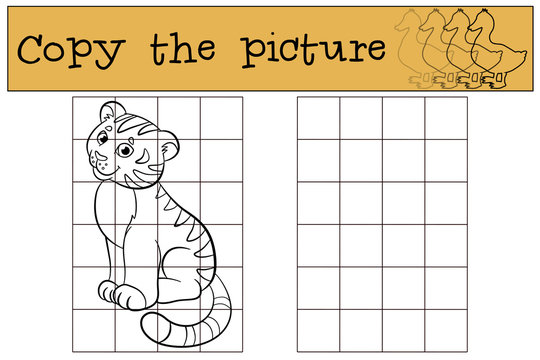 Children games: Copy the picture. Little cute baby tiger smiles.
