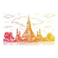 Wat Arun Temple in Bangkok, Thailand. Sketch by hand. Vector illustration