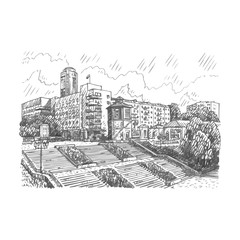 View on the historical square from the dam on Iset river in the center of Ekaterinburg, Russia. Sketch by hand. Vector illustration