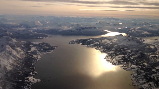 Aerial view on the Ofotfjord in Nordland Norway during winter.