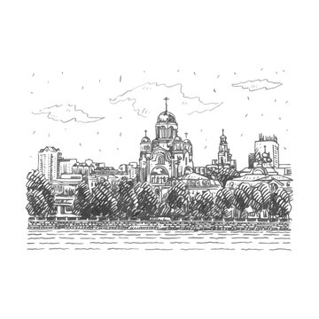 View of the Church on the Blood on the embankment of the pond in Yekaterinburg, Russia. Sketch by hand. Vector illustration