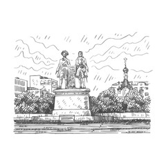 View of the Labor Square, Yekaterinburg, Russia. Saint Catherine's chapel and monument of Vasily Tatishchev and William de Gennin. Sketch by hand. Vector illustration