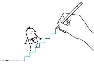 Drawing big hand and cartoon businessman - going up