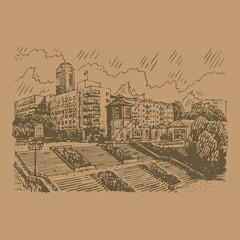 View on the historical square from the dam on Iset river in the center of Ekaterinburg, Russia. Sketch by hand. Vector illustration
