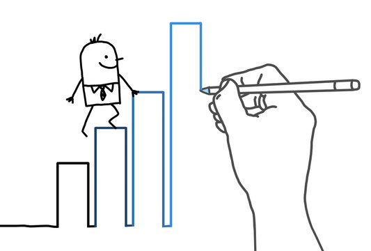 Drawing big hand and cartoon businessman - climbing up
