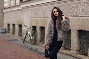 Fashion style portrait of young beautiful elegant woman in black dress and gray fur coat walking at...