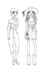 Funny crazy glamor fashion girl and stylish sexy fashion girl vector. Sketch smiling beautiful young woman model in bright hipster summer casual cloth. Fashion girl cute trendy teenage lifestyle.