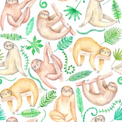 Watercolor hand drawn cute sloth seamless pattern - obrazy, fototapety, plakaty