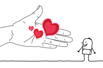 Big hand and cartoon character - offering hearts