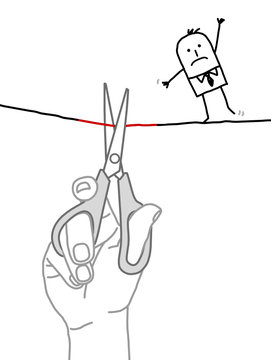 Big hand and cartoon businessman - cutting the wire
