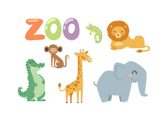 Vector zoo animals. Many different animals baby panda, sea whale, beautiful octopus, large buffalo, horned goat. Zoo animal character jungle wildlife safari collection and cartoon cute animals.