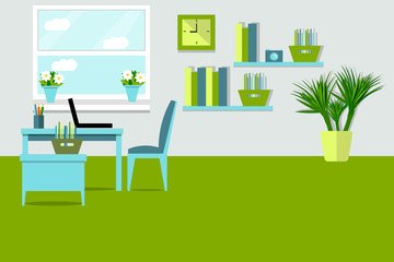 Working place in the office. The interior of the office. Flat style. Home office. Comfortable interior for the workplace vector illustration
