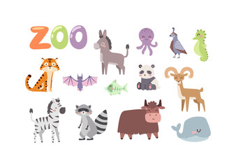 Vector zoo animals. Many different animals panda, sea whale, octopus, buffalo, goat. Donkey, tiger, zebra, bat, fish, raccoon. Zoo animal character safari collection and cartoon cute zoo animals.