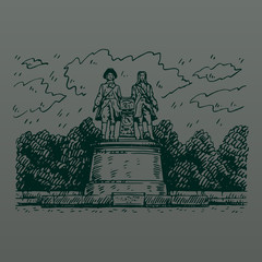 Monument of Vasily Tatishchev and William de Gennin located in the Square of Labor, Ekaterinburg, Russia. Symbol of the city. Sketch by hand. Vector illustration