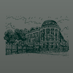 Sevastyanov House (also known as the House of Trade Unions) in Ekaterinburg, Russia. The most famous architectural building in historical centre. Sketch by hand. Vector illustration