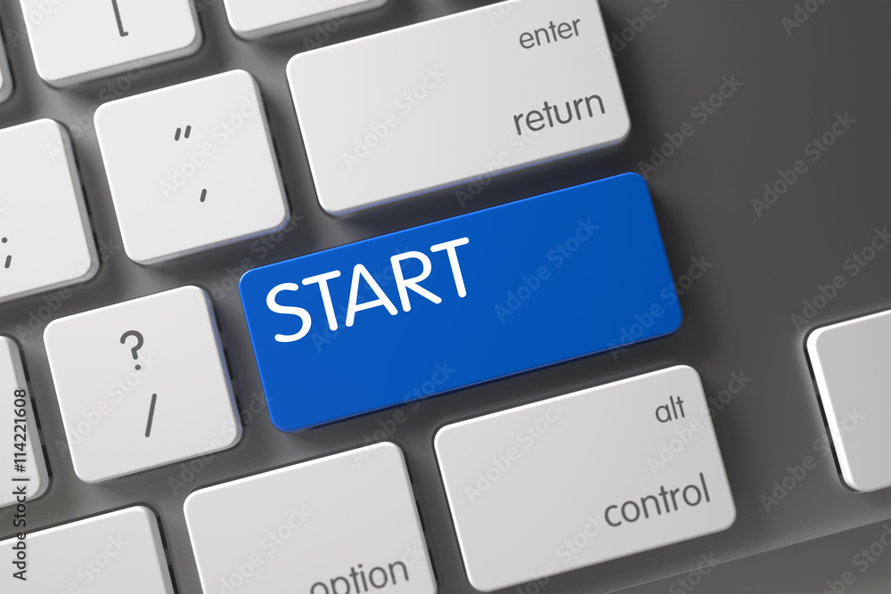 Aufkleber start concept aluminum keyboard with start on blue enter button background, selected focus. computer