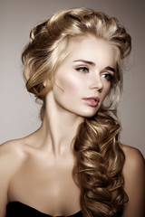Naklejka premium Model with long braided hair. Waves Curls Braid Hairstyle. Hair