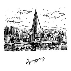 View of the Pyongyang, the capital of North Korea. Ryugyong Hotel on the skyline. Sketch by hand. Vector illustration