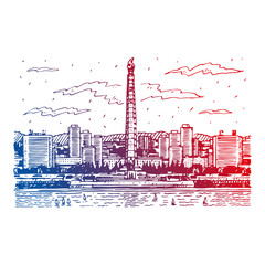 The Juche Tower (more formally, Tower of the Juche Idea) is a monument in Pyongyang, the capital of North Korea. Sketch by hand. Vector illustration